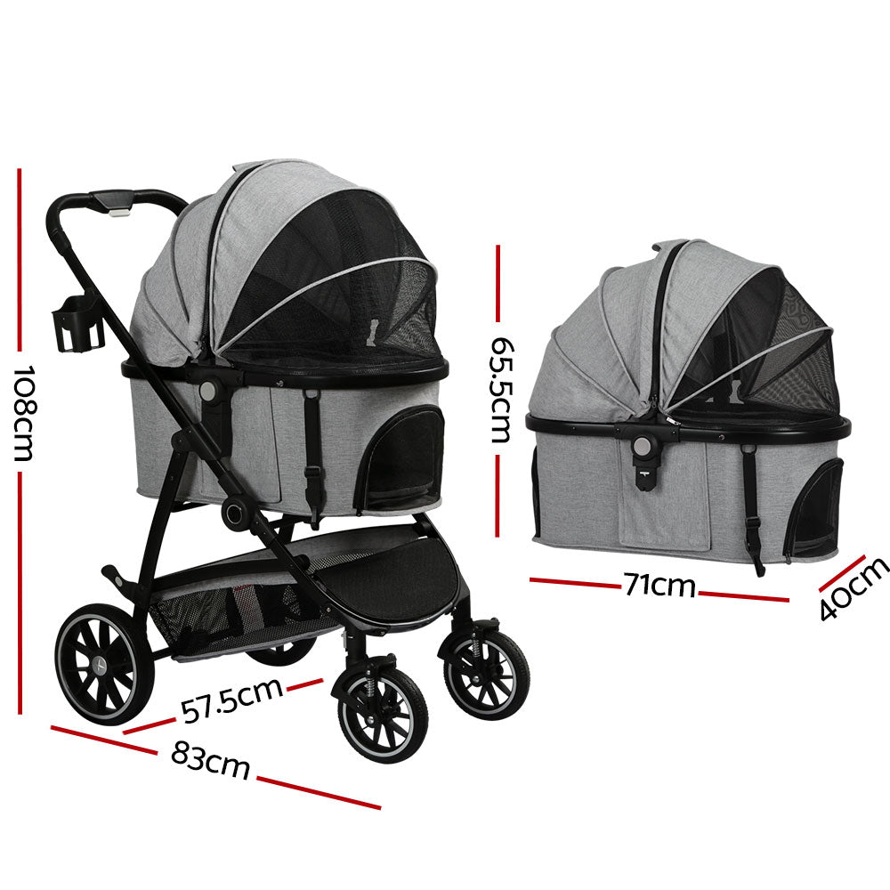 Pet Stroller Dog Large Cat Carrier Travel Foldable 4 Wheels - Grey