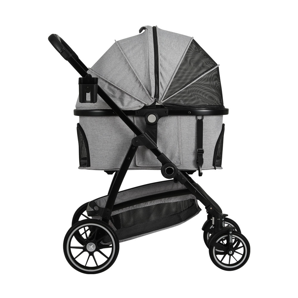 Pet Stroller Dog Large Cat Carrier Travel Foldable 4 Wheels - Grey