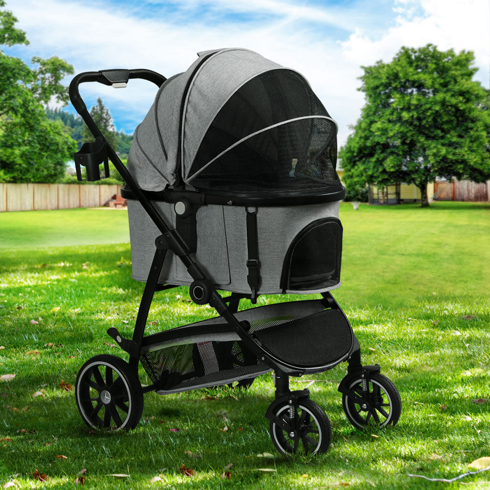 Pet Stroller Dog Large Cat Carrier Travel Foldable 4 Wheels - Grey