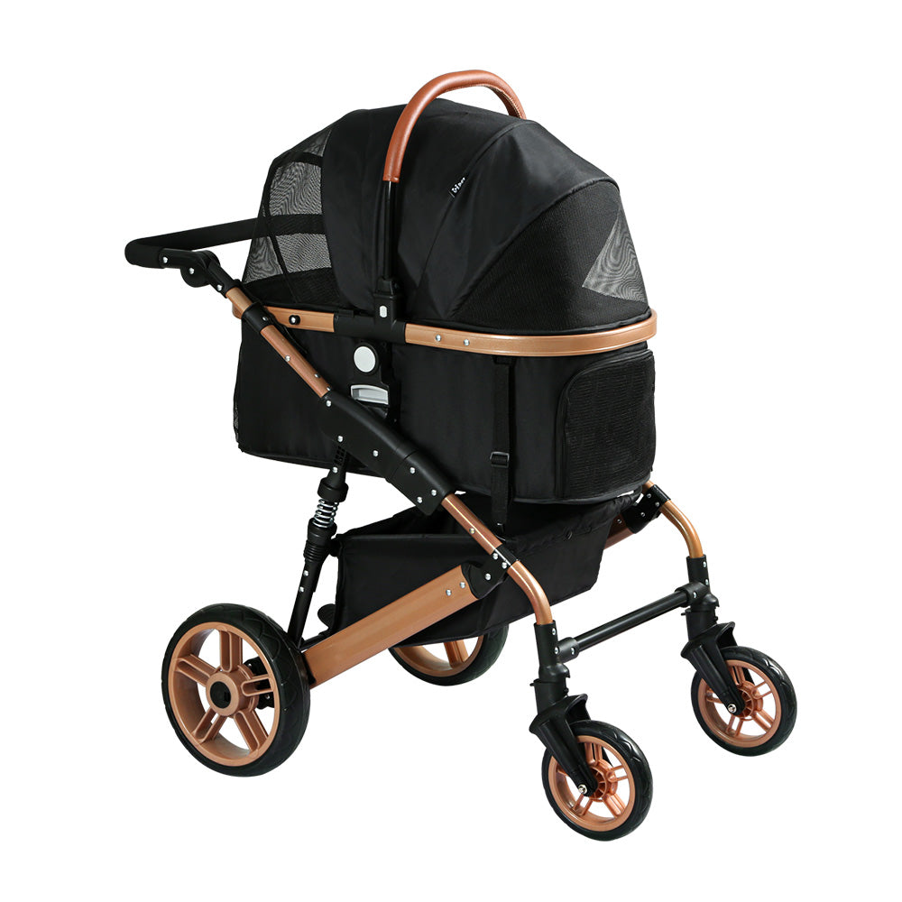 Pet Stroller Dog Large Cat Carrier Travel Foldable 4 Wheels - Black