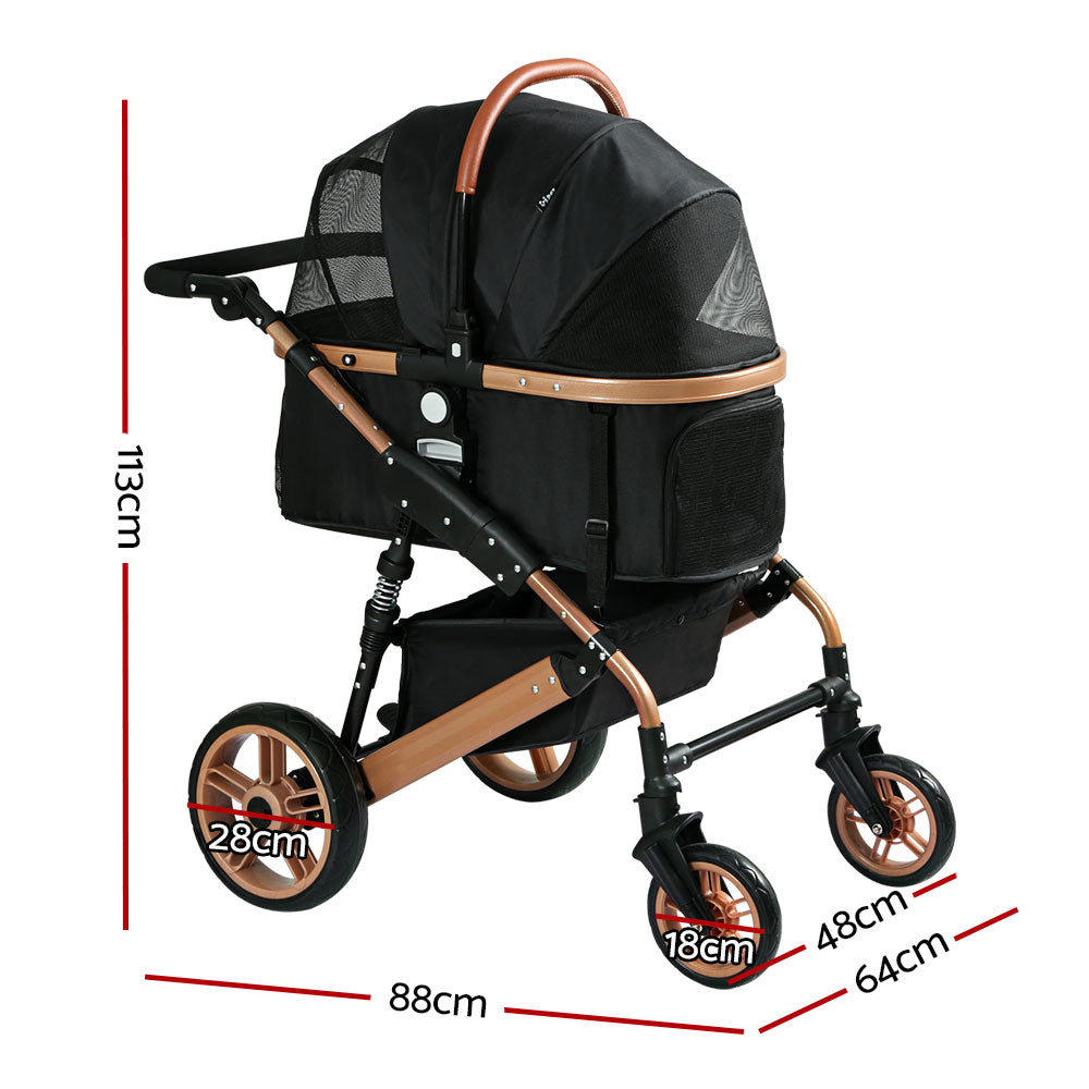 Pet Stroller Dog Large Cat Carrier Travel Foldable 4 Wheels - Black
