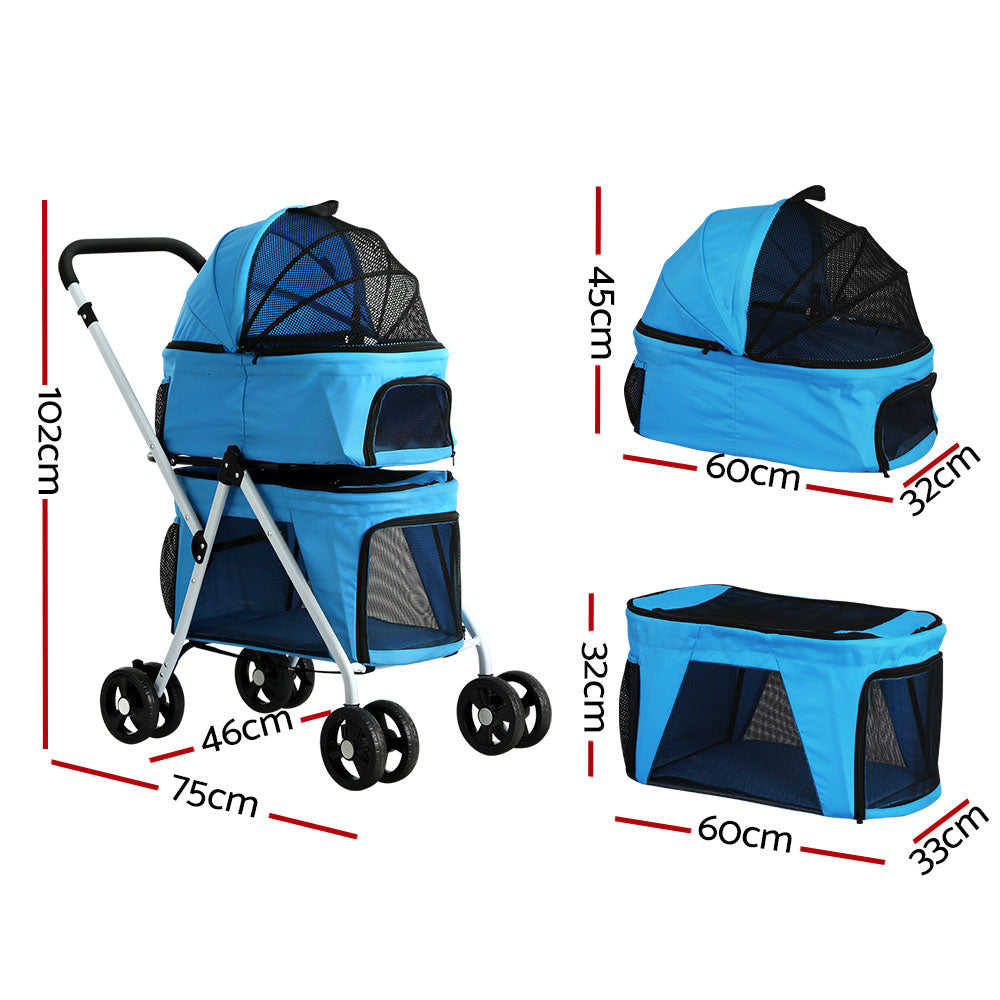 Pet Stroller Dog Large Cat Carrier Travel Foldable - 4 Double Wheels