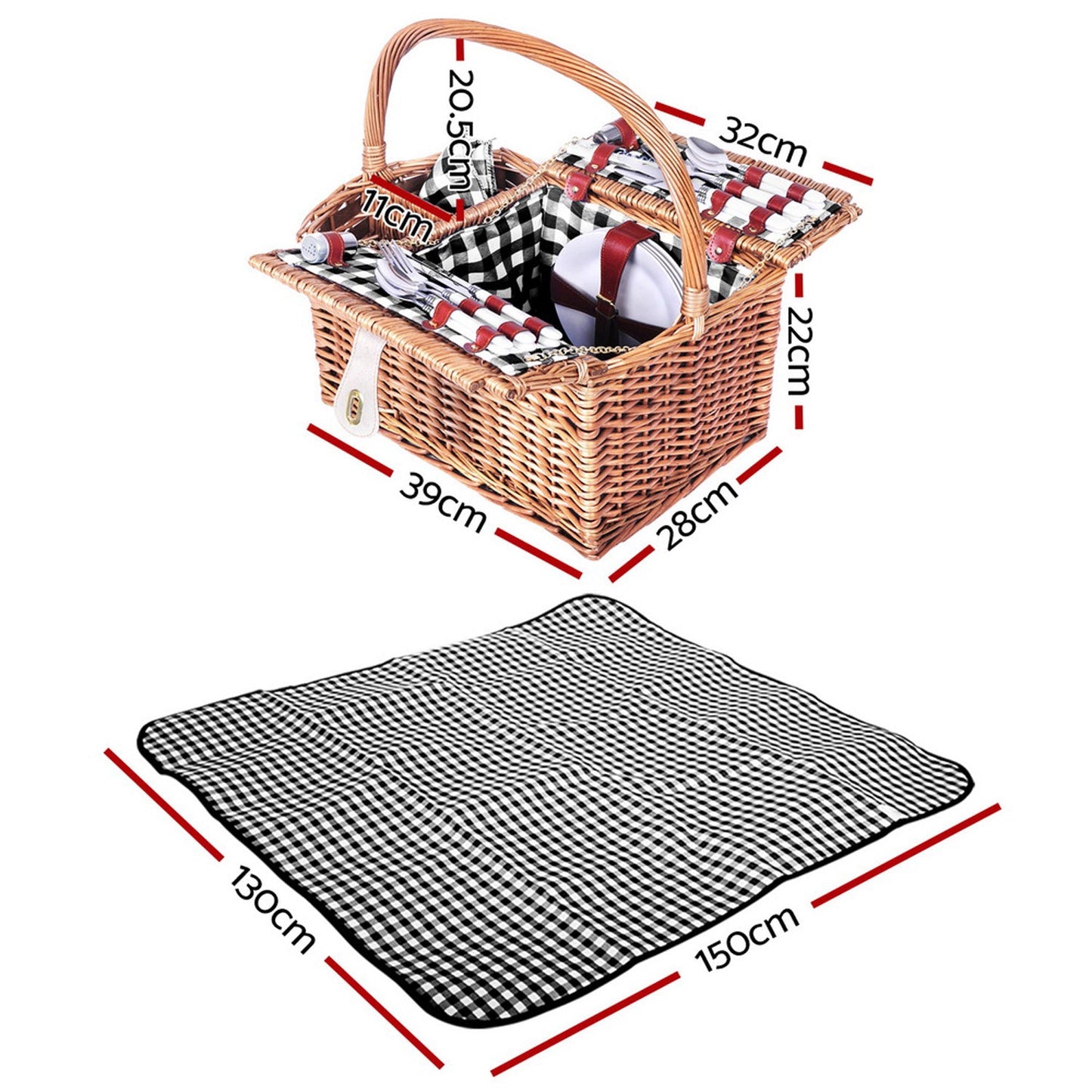Picnic Basket Outdoor Set - Brown - For 4 Persons