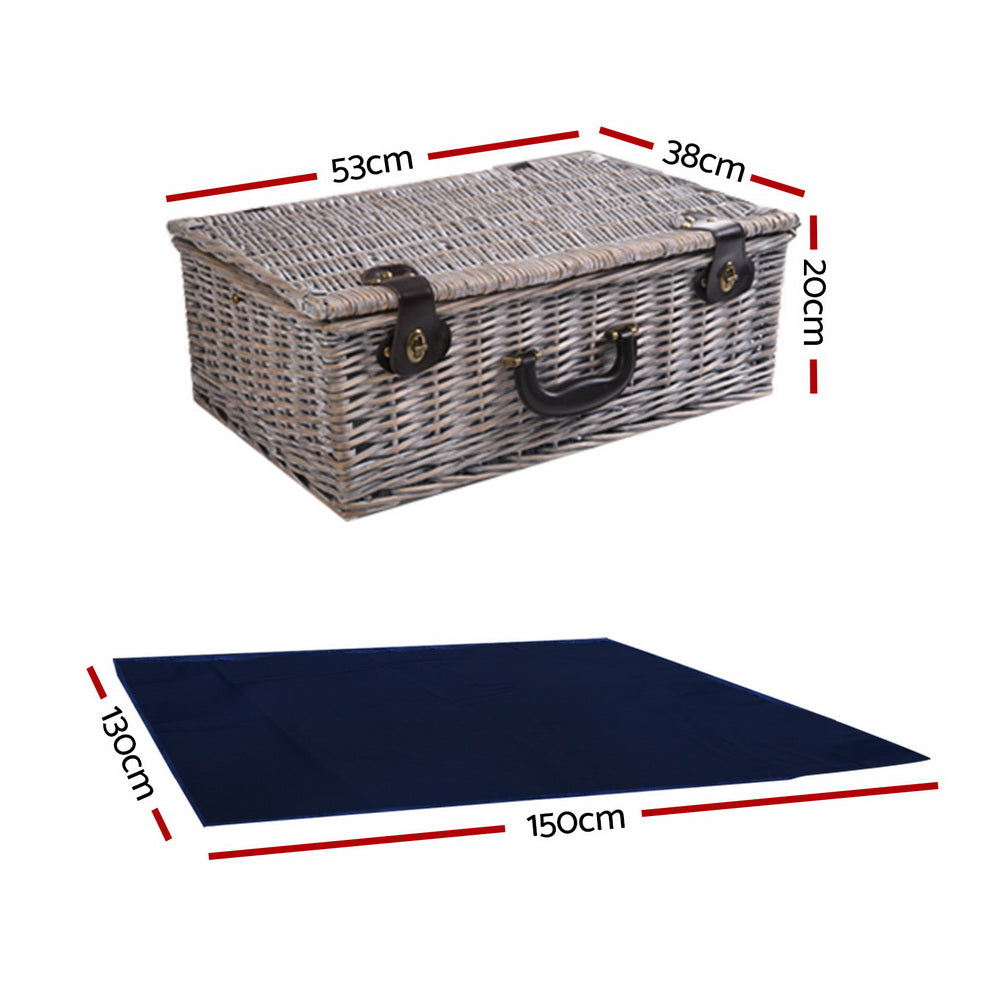 6 Person Picnic Basket Set Cooler Bag Wicker PU Fastening Straps Plates