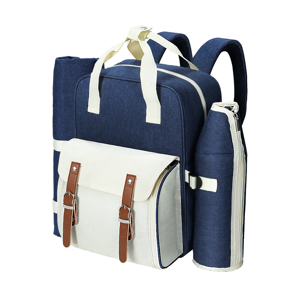 Picnic Basket Backpack Set Cooler Bag 4 Person Outdoor Liquor Blue