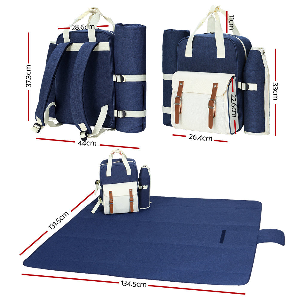 Picnic Basket Backpack Set Cooler Bag 4 Person Outdoor Liquor Blue
