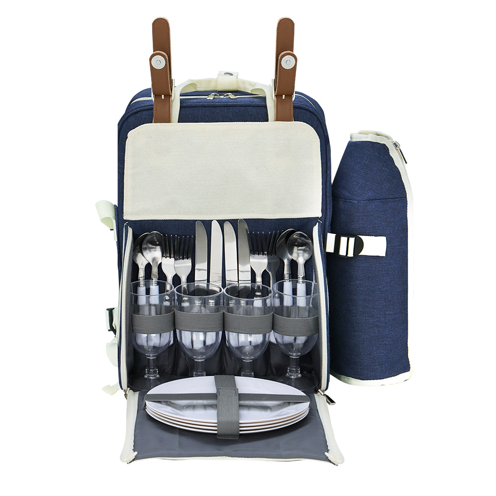 Picnic Basket Backpack Set Cooler Bag 4 Person Outdoor Liquor Blue