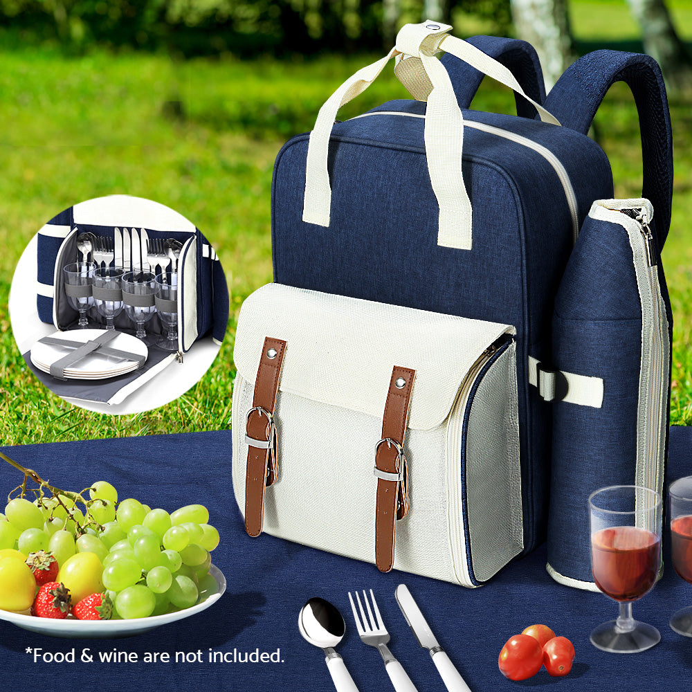 Picnic Basket Backpack Set Cooler Bag 4 Person Outdoor Liquor Blue