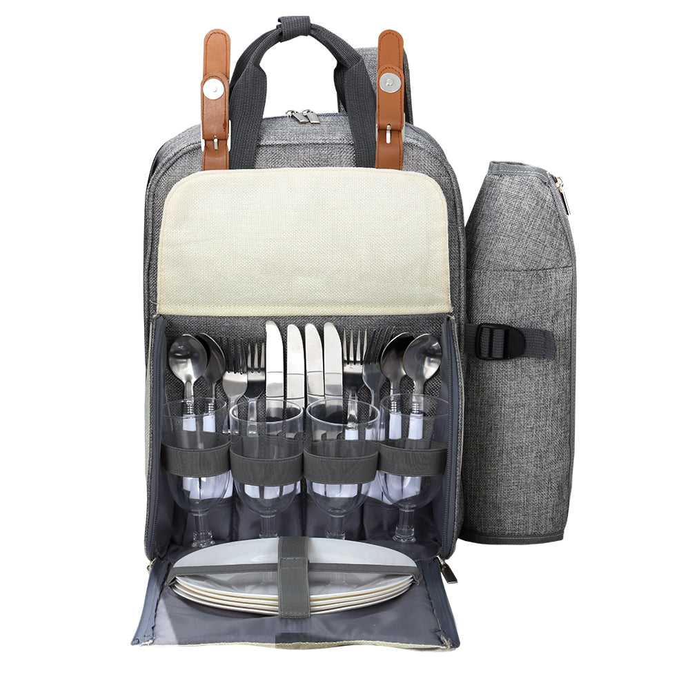 Picnic Basket Backpack Set Cooler Bag 4 Person Outdoor Insulated Liquor
