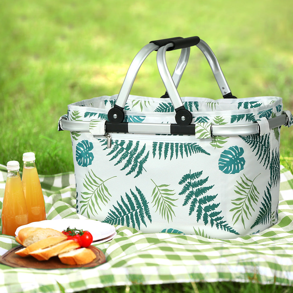 Picnic Bag Basket Folding Hamper Camping Hiking Insulated White