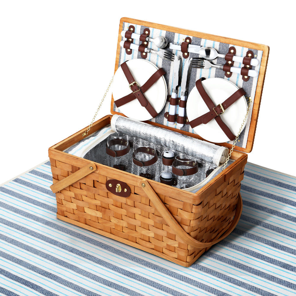 Picnic Basket Set Wooden Cooler Bag 4 Person Outdoor Insulated Liquor