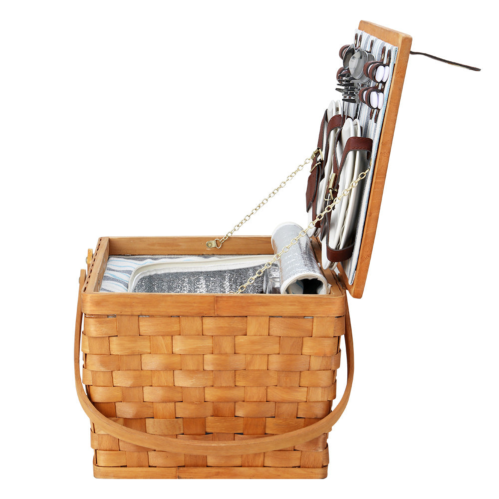 Picnic Basket Set Wooden Cooler Bag 4 Person Outdoor Insulated Liquor