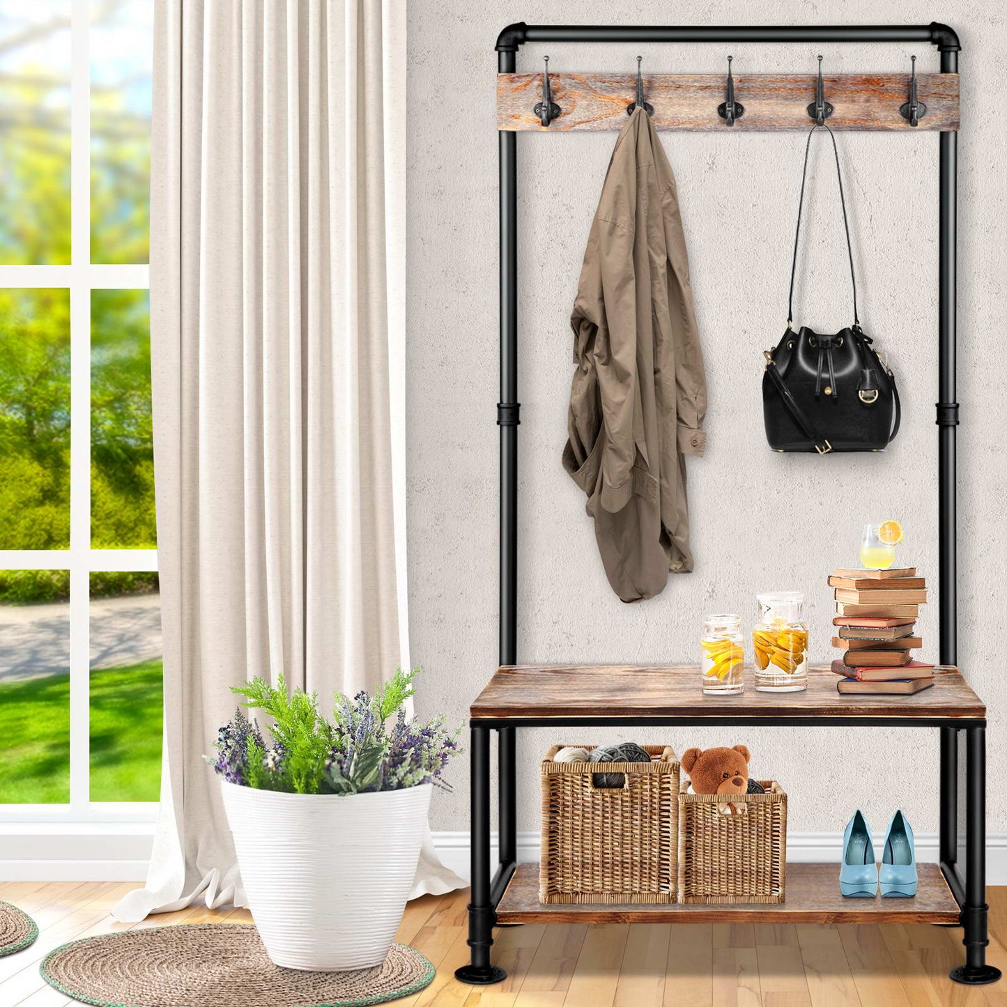 Rustic Wood and Pipe Clothes Vintage Shelf Hanger