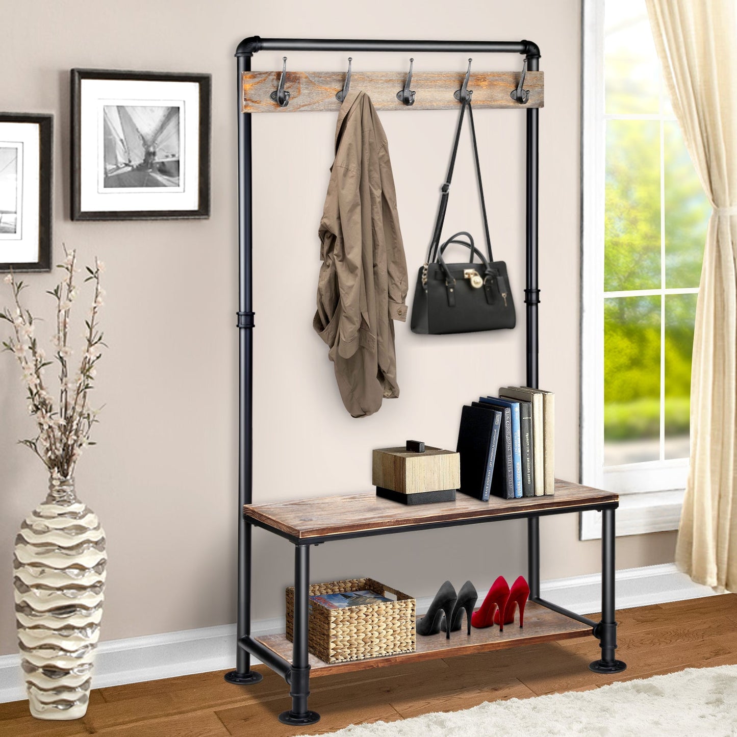 Rustic Wood and Pipe Clothes Vintage Shelf Hanger