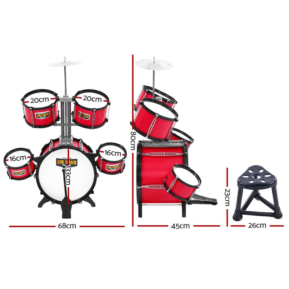 Kids 7 Drum Set Junior Drums Kit Musical Play Toys - Red