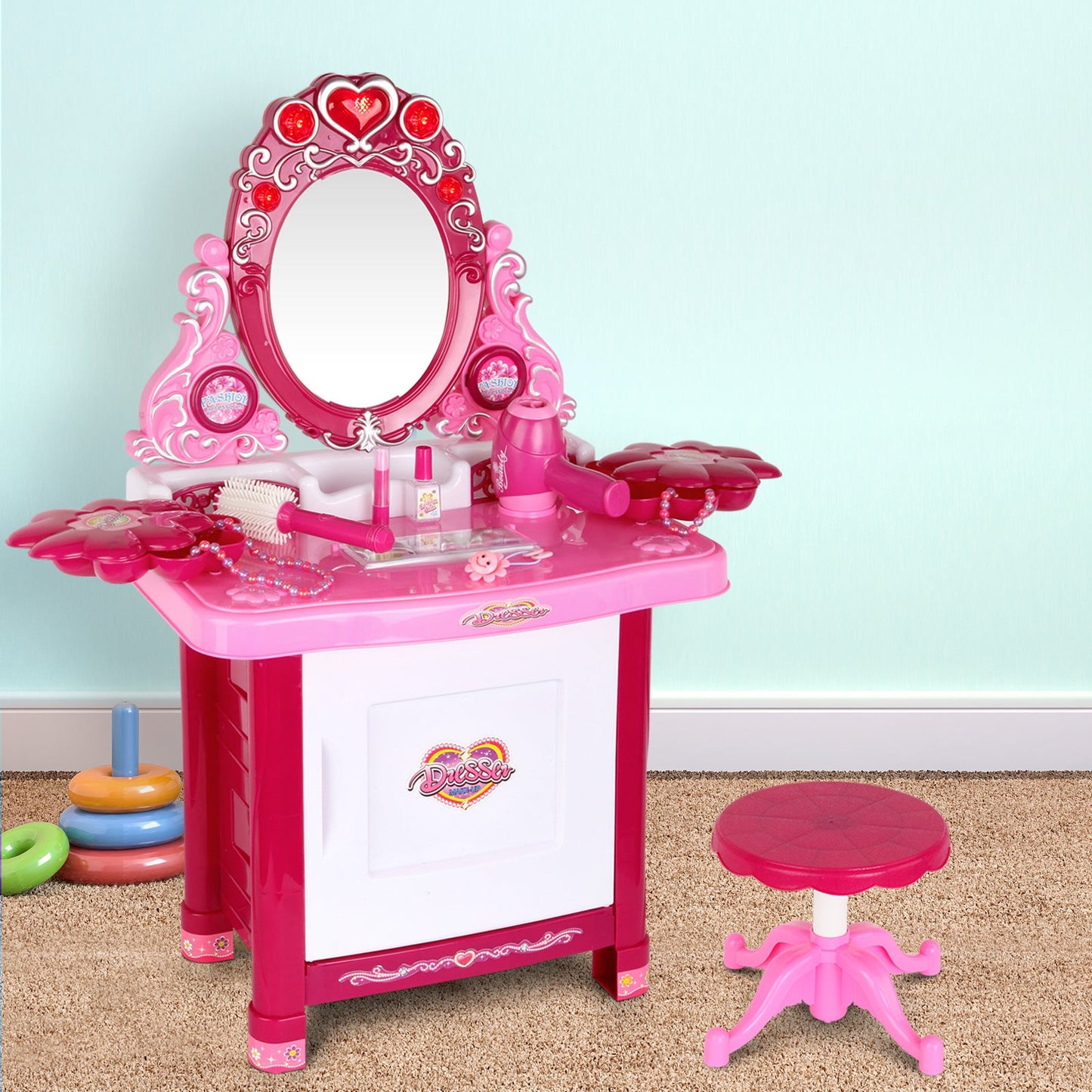 Kids Dressing Table Set with Stool and 30 pcs Accessories - Pink