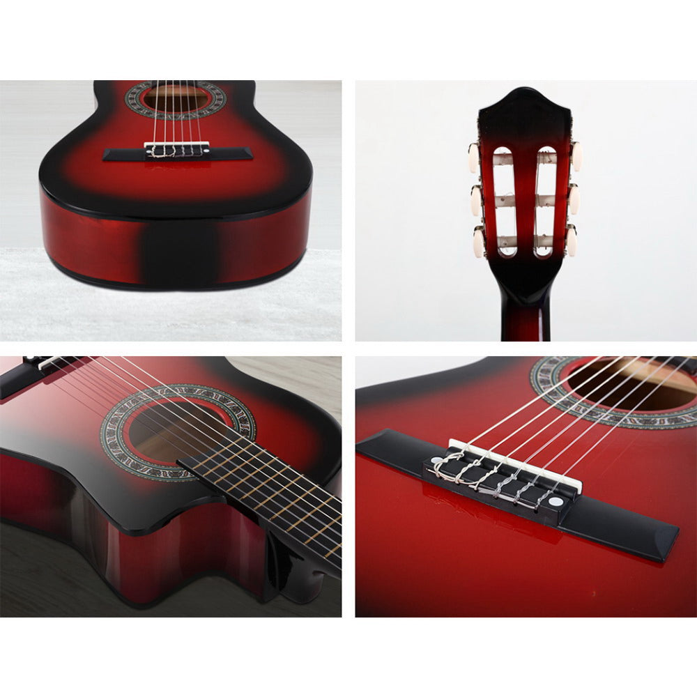 34" Inch Guitar Classical Acoustic Cutaway Wooden Ideal Kids Gift Children 1/2 Size Red with Capo Tuner