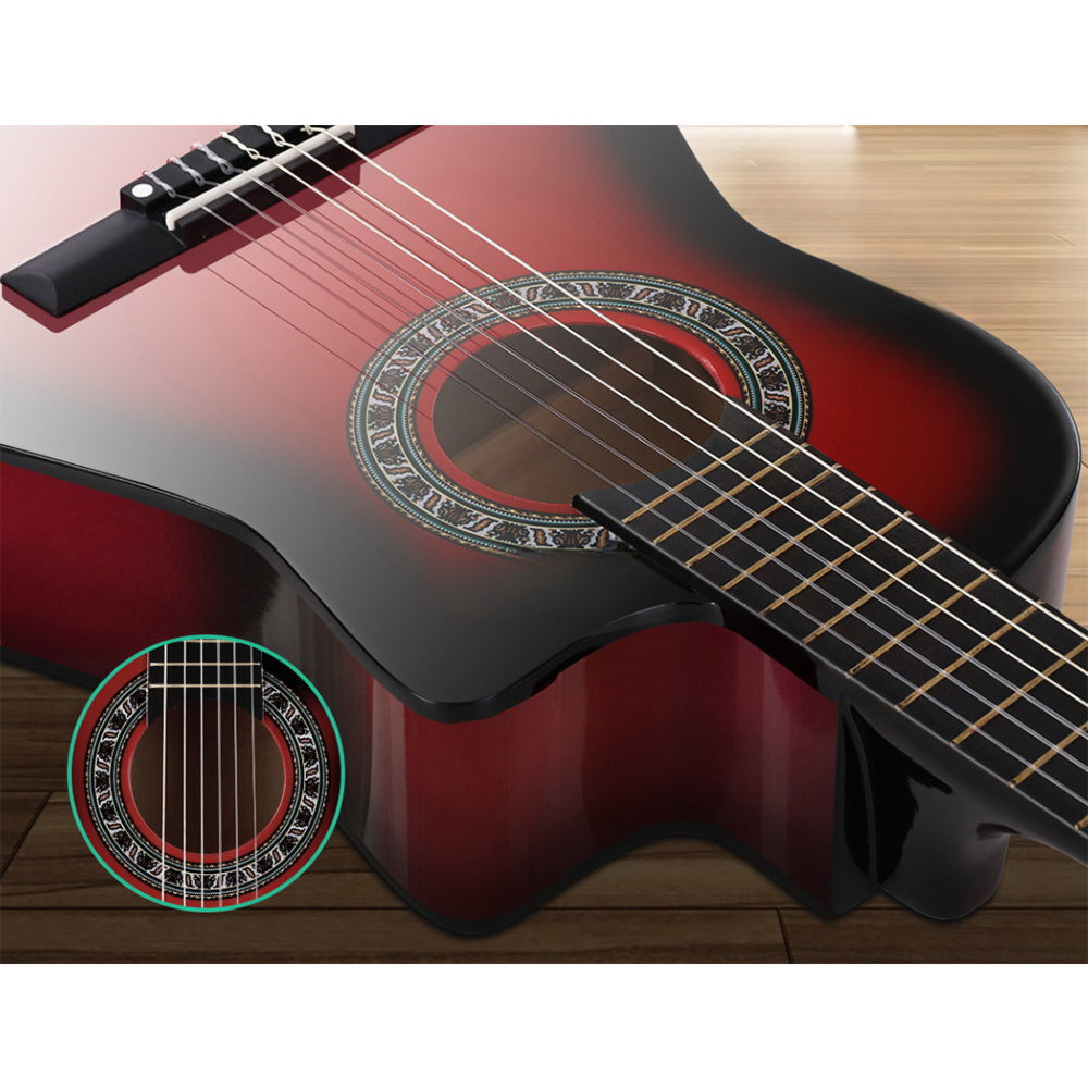 34" Inch Guitar Classical Acoustic Cutaway Wooden Ideal Kids Gift Children 1/2 Size Red with Capo Tuner