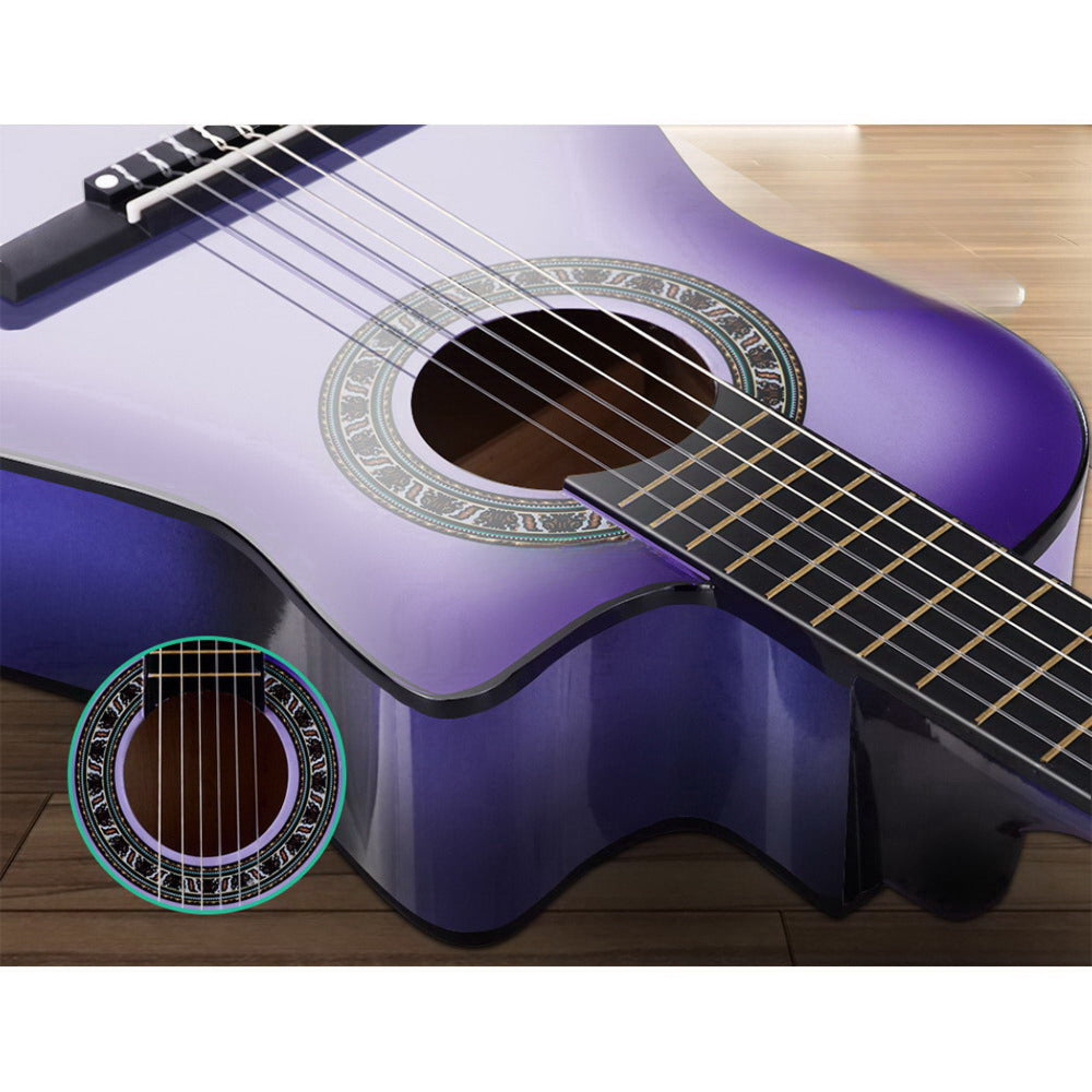 34" Inch Guitar Classical Acoustic Cutaway Wooden Ideal Kids Gift Children 1/2 Size Purple with Capo Tuner