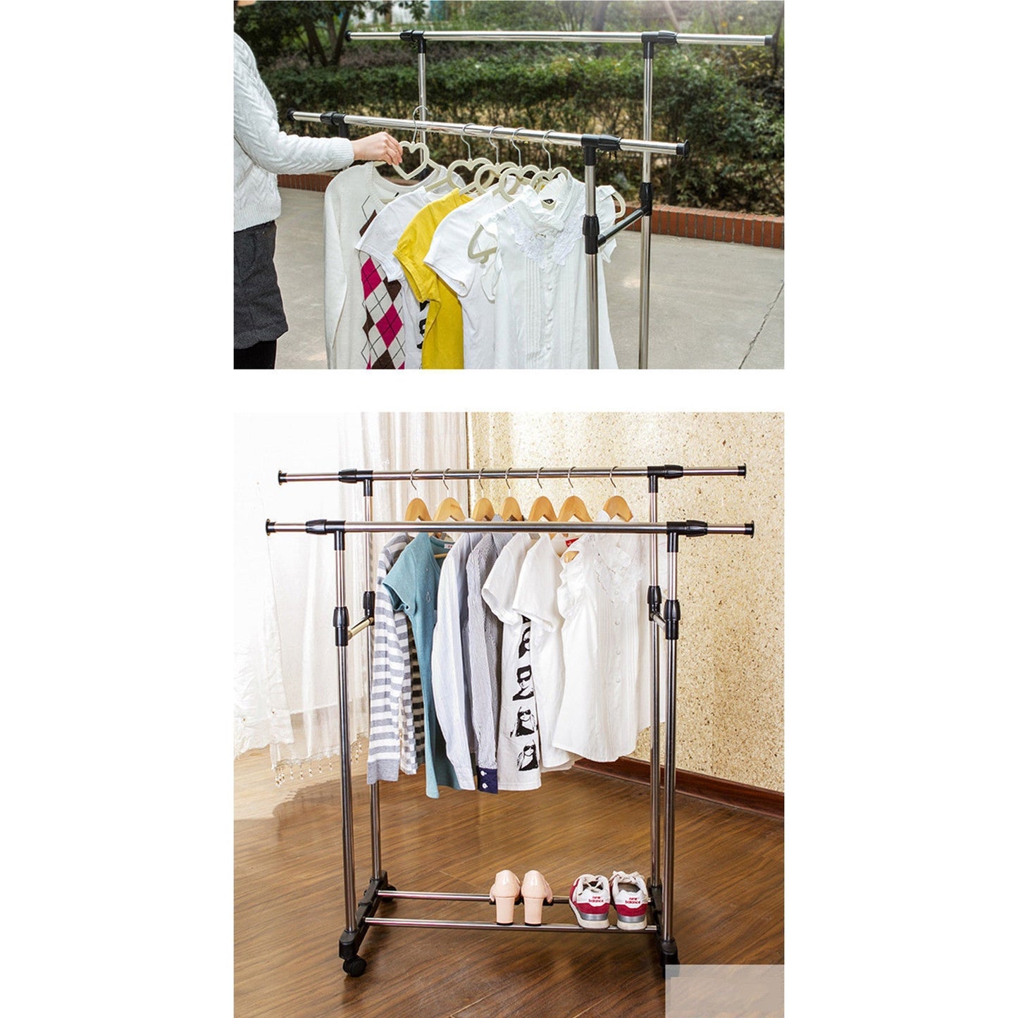 Adjustable Double Stainless Clothes Rack Garment Cloth Hanger with Holder
