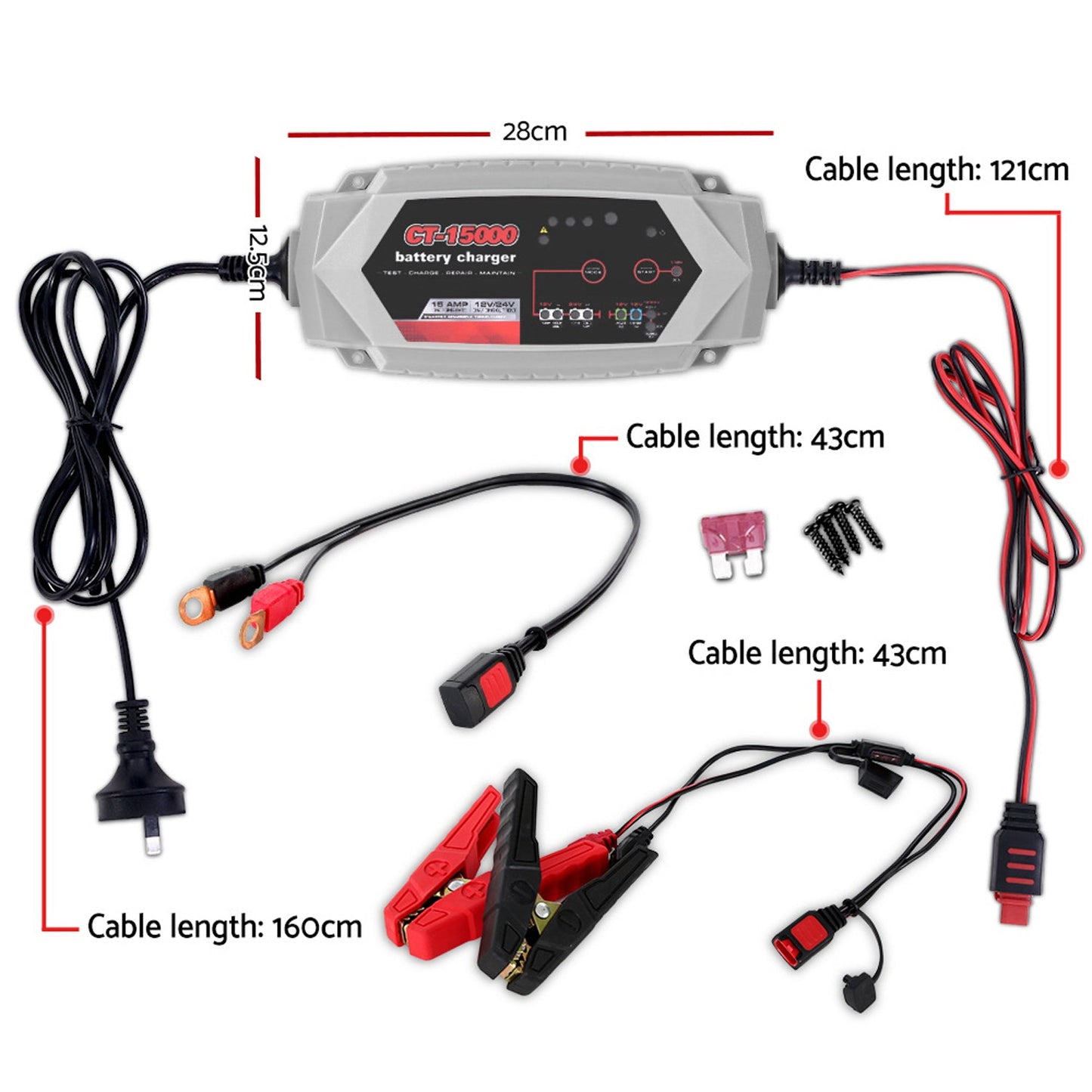 Car Battery Charger - 15A 12V 24V