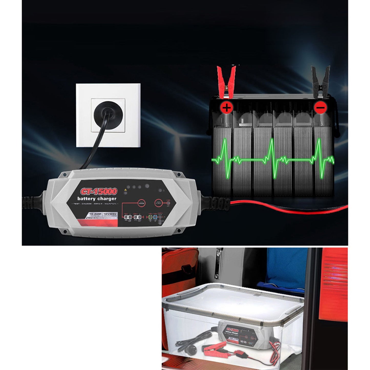 Car Battery Charger - 15A 12V 24V