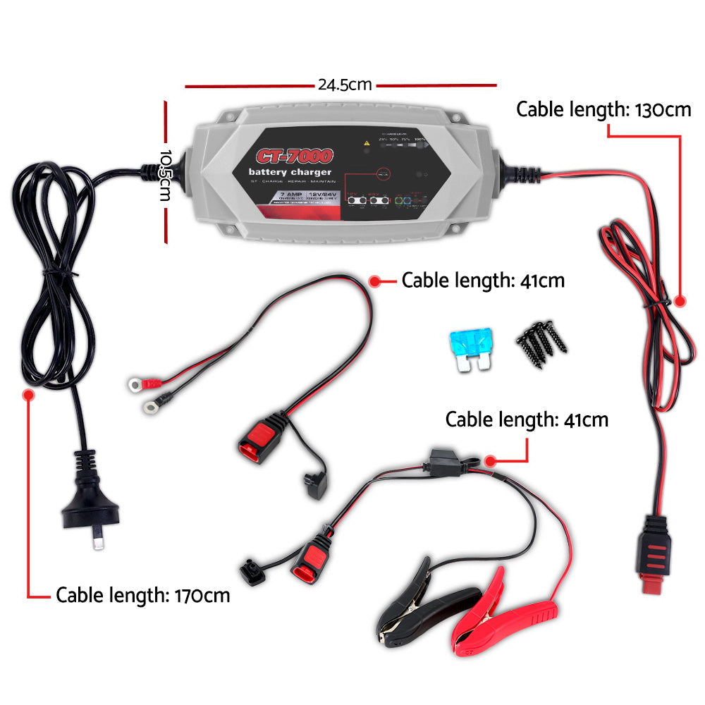 Smart Car Truck Boat Motorcycle Caravan Battery Charger SLA AGM 7A - 24V
