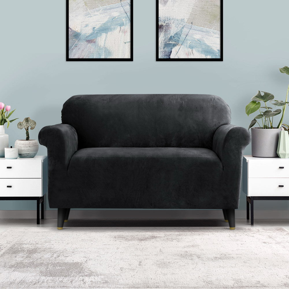 Velvet Sofa Cover Plush Couch Cover Lounge Slipcover 2 Seater Black