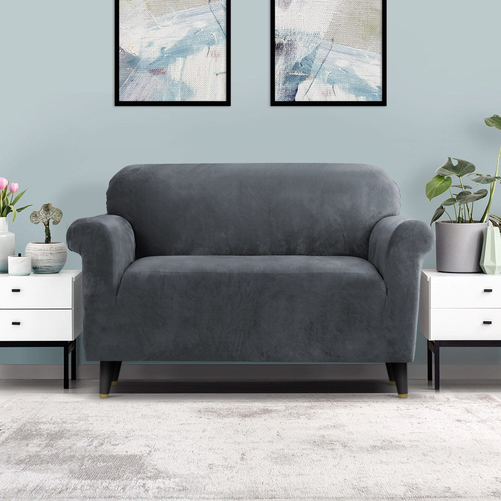Velvet Sofa Cover Plush Couch Cover Lounge Slipcover 2 Seater Grey