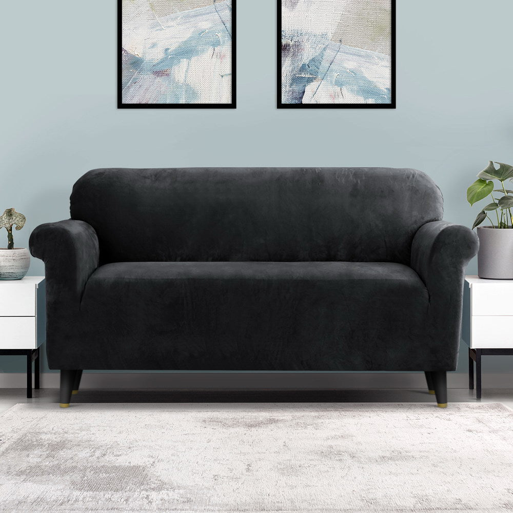 Velvet Sofa Cover Plush Couch Cover Lounge Slipcover 3 Seater Black