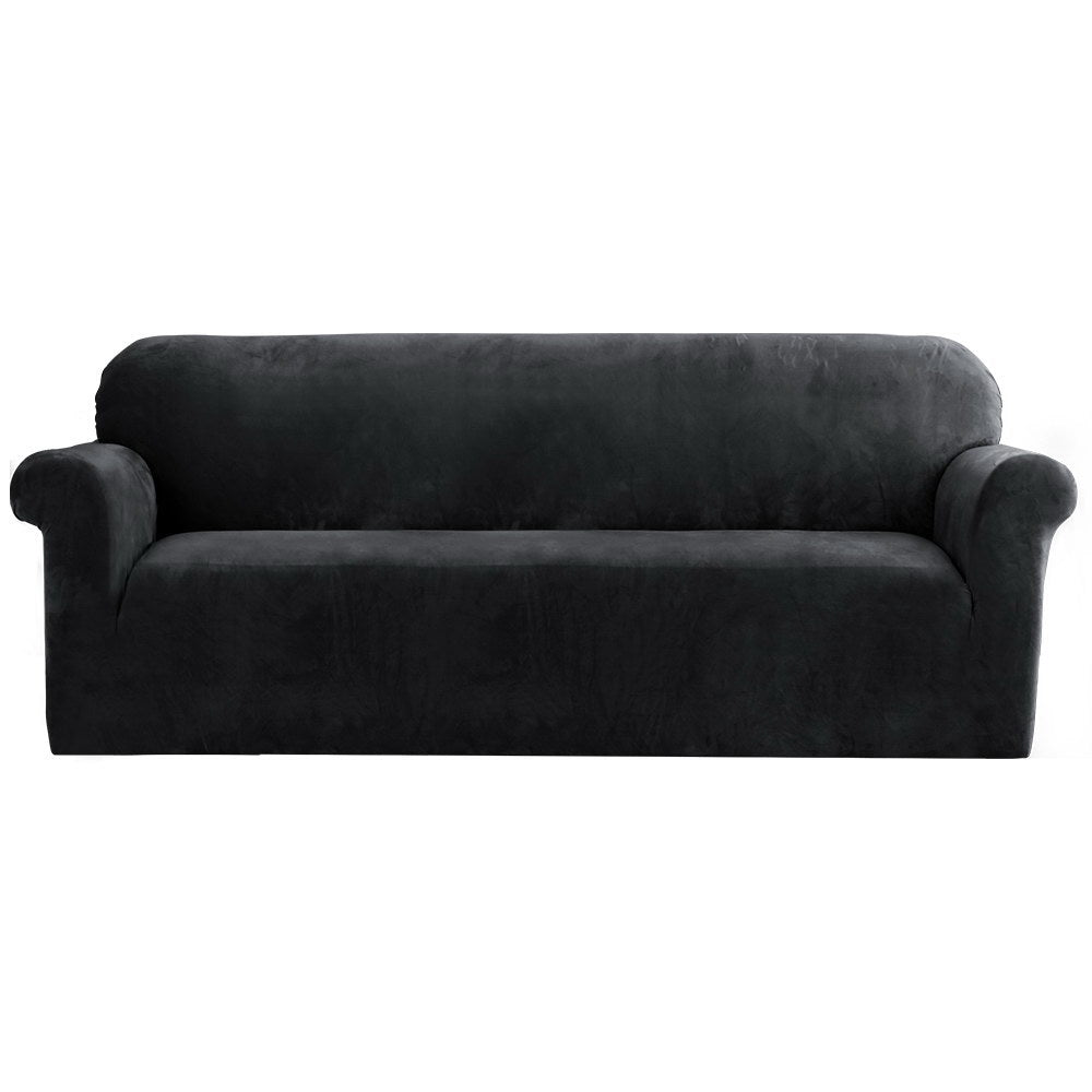 Velvet Sofa Cover Plush Couch Cover Lounge Slipcover 4 Seater Black