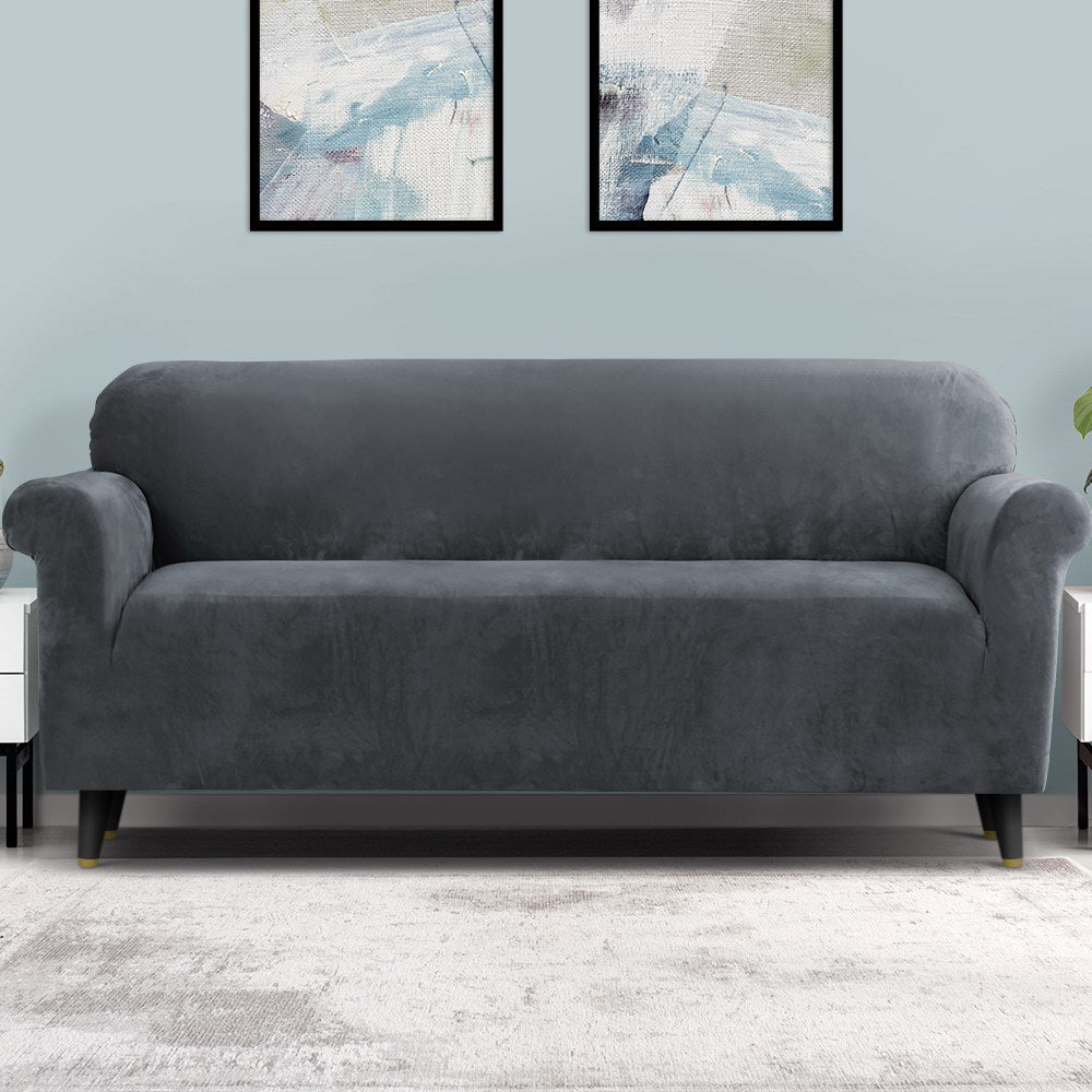 Velvet Sofa Cover Plush Couch Cover Lounge Slipcover 4 Seater Grey