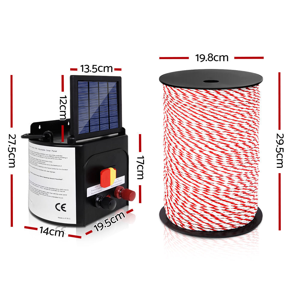 Electric Fence Energiser Solar Powered Charger Polytape Rope - 3km