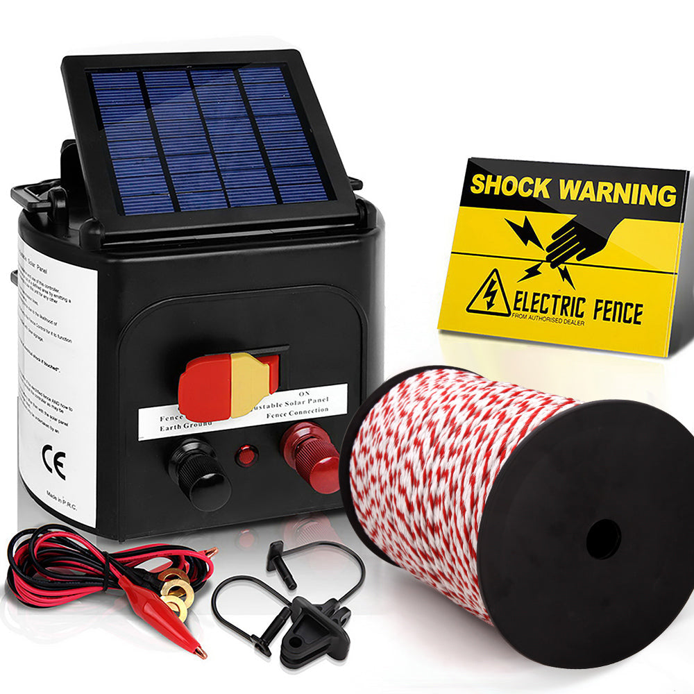 Electric Fence Energiser Solar Powered Charger Polytape Rope - 5km