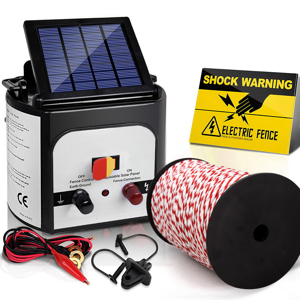 Electric Fence Energiser Solar Powered Charger Polytape Rope - 8km