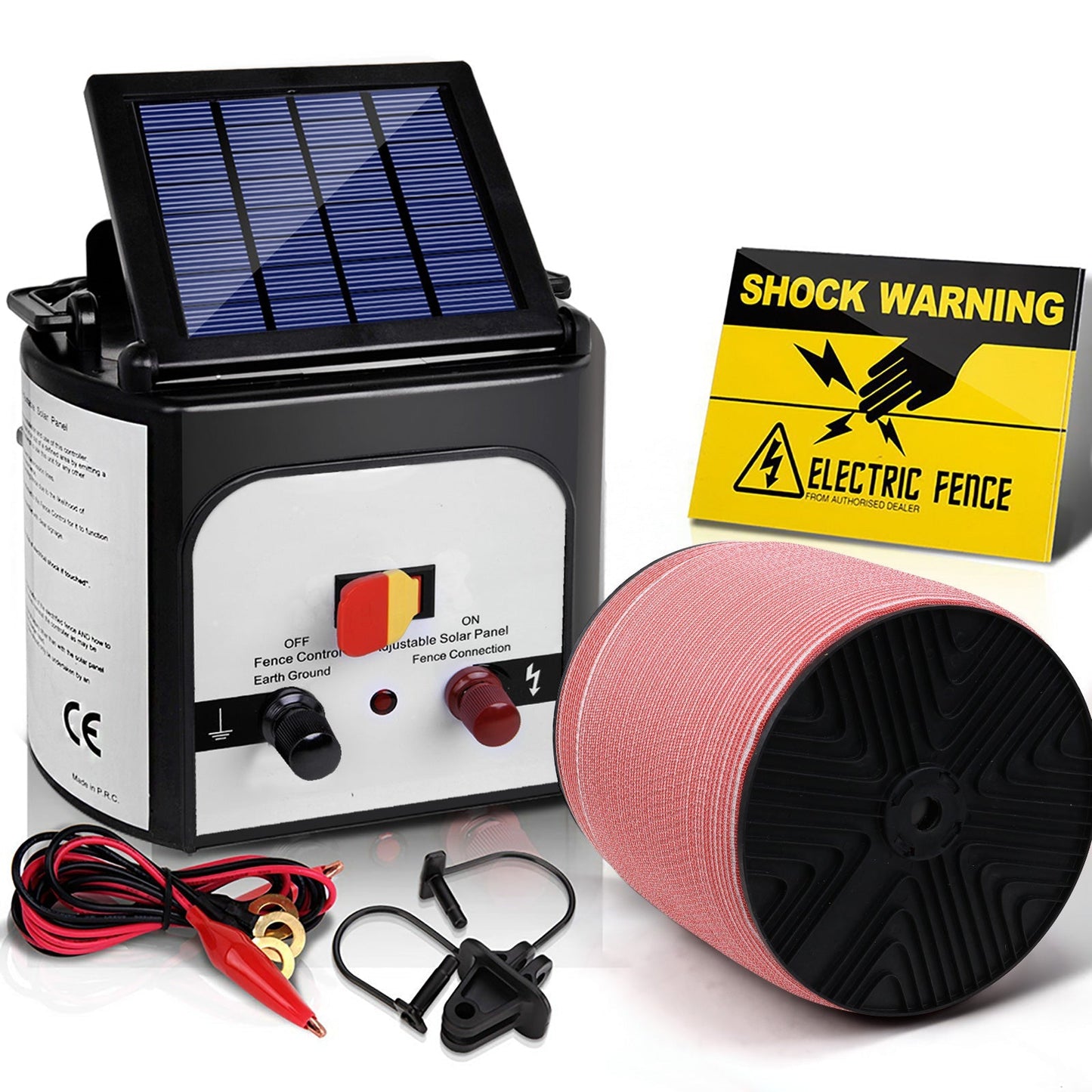 Electric Fence Energiser Set Solar Powered Energizer Red and White - 8km