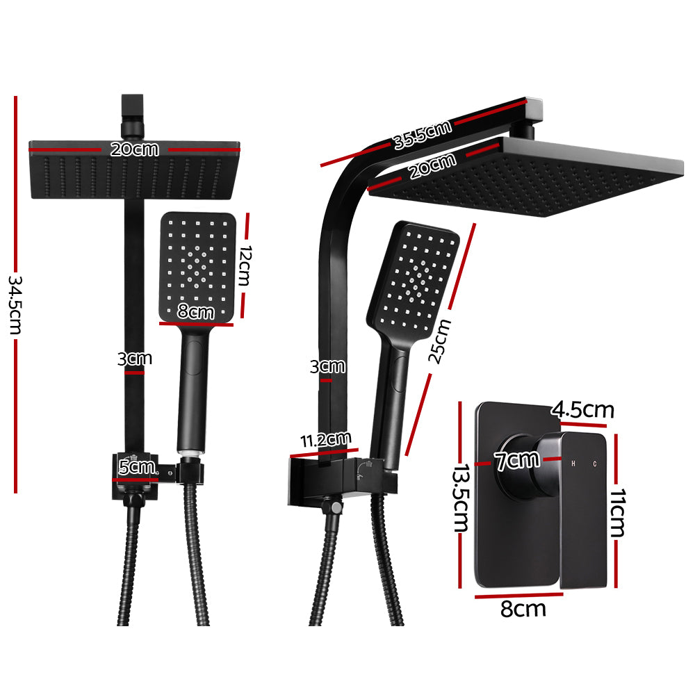 WELS 8'' Rain Shower Head Mixer Square Handheld High Pressure Wall Black