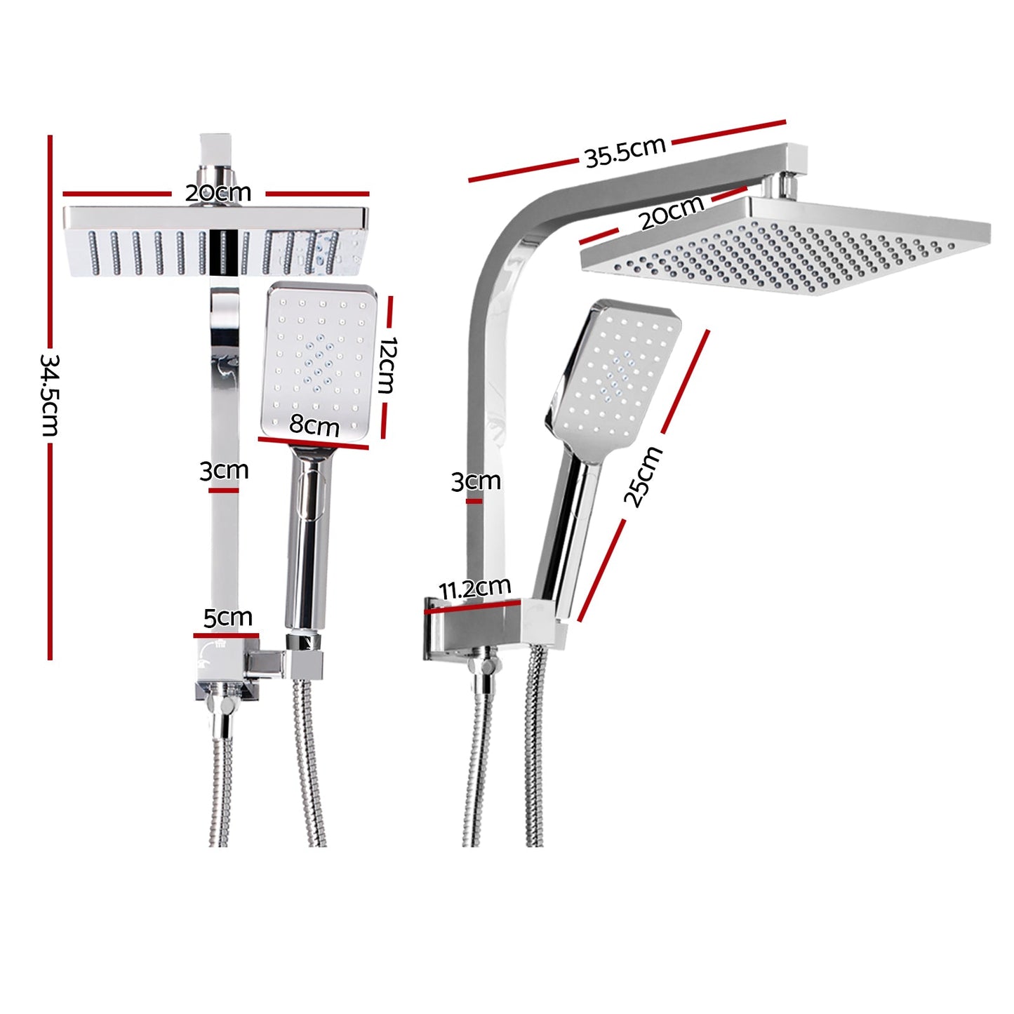 8'' Rain Shower Head Set Square Handheld High Pressure Wall Chrome
