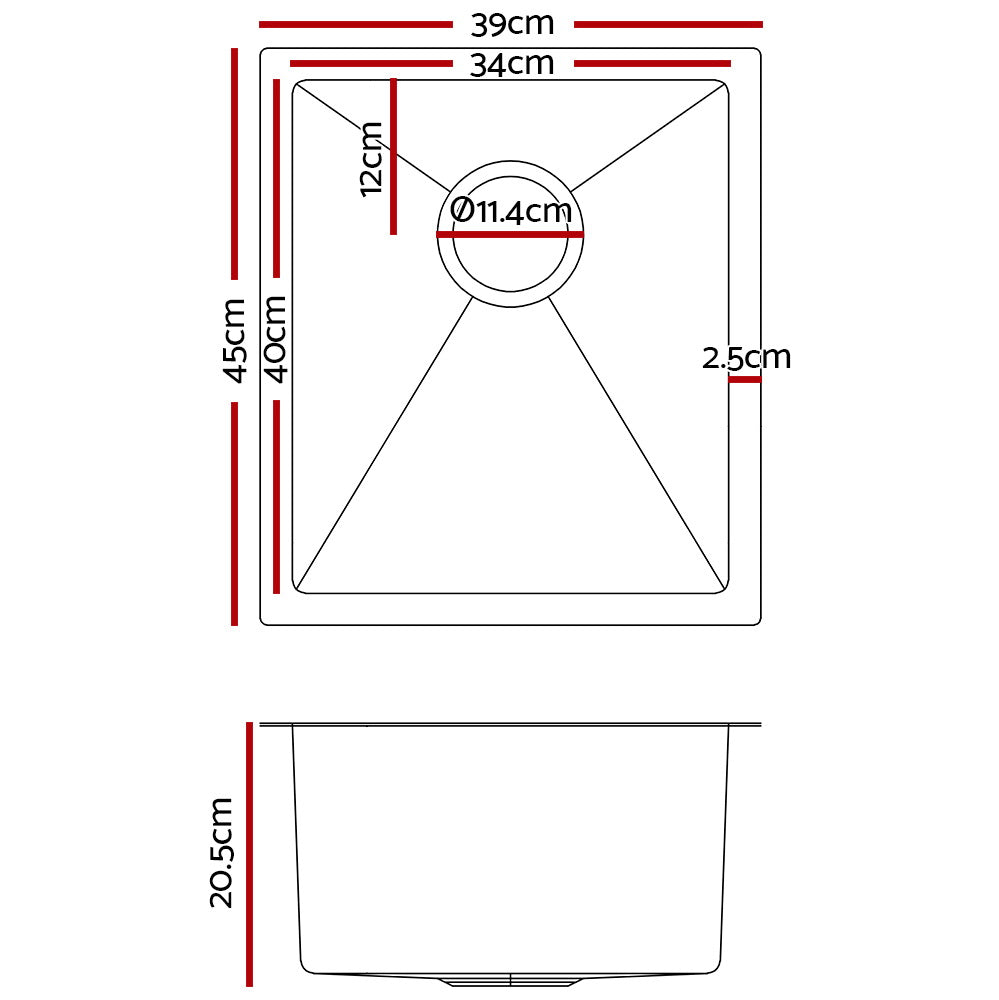 39cm x 45cm Stainless Steel Kitchen Sink Under/Top/Flush Mount Silver