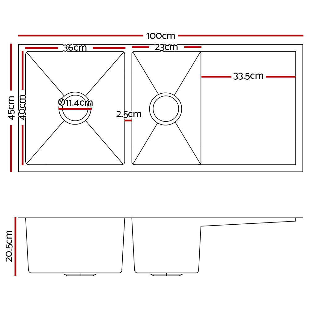 100cm x 45cm Stainless Steel Kitchen Sink Under/Top/Flush Mount Black