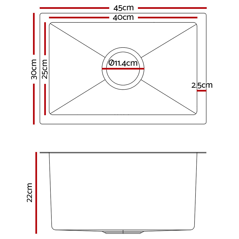 30cm x 45cm Stainless Steel Kitchen Sink Under/Top/Flush Mount Black