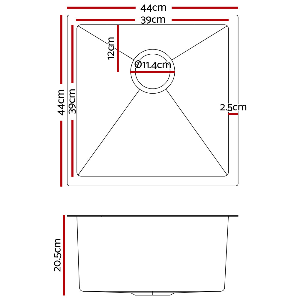 44cm x 44cm Stainless Steel Kitchen Sink Under/Top/Flush Mount Black
