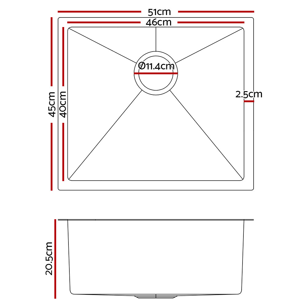 51cm x 45cm Stainless Steel Kitchen Sink Under/Top/Flush Mount Black