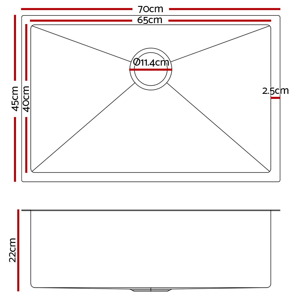 70cm x 45cm Stainless Steel Kitchen Sink Under/Top/Flush Mount Black