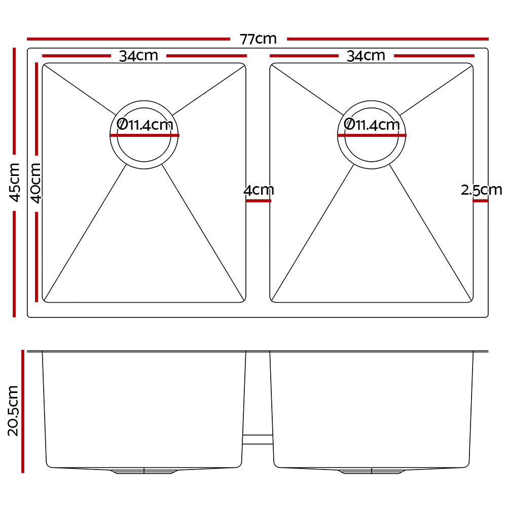 77cm x 45cm Stainless Steel Kitchen Sink Under/Top/Flush Mount Black