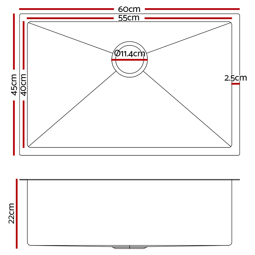 60cm x 45cm Stainless Steel Kitchen Sink Under/Top/Flush Mount Black