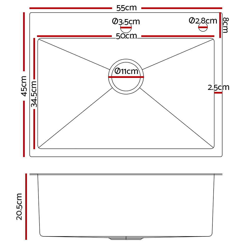 55cm x 45cm Stainless Steel Kitchen Sink Flush/Drop-in Mount Silver