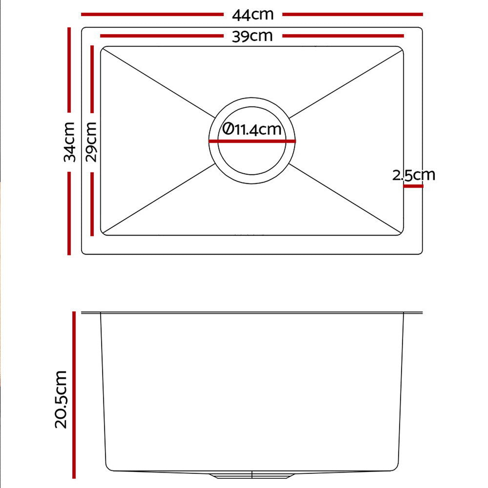 34cm x 44cm Stainless Steel Kitchen Sink Under/Top/Flush Mount Silver