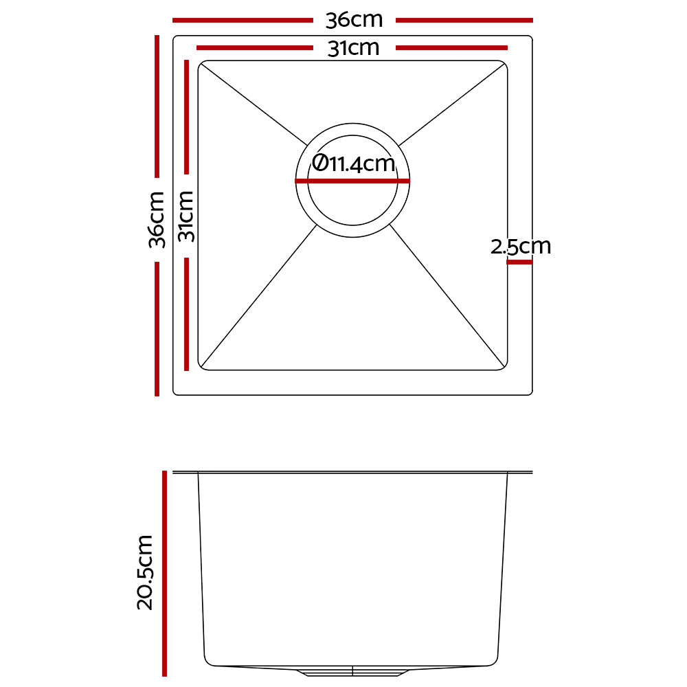 36cm x 36cm Stainless Steel Kitchen Sink Under/Top/Flush Mount Silver