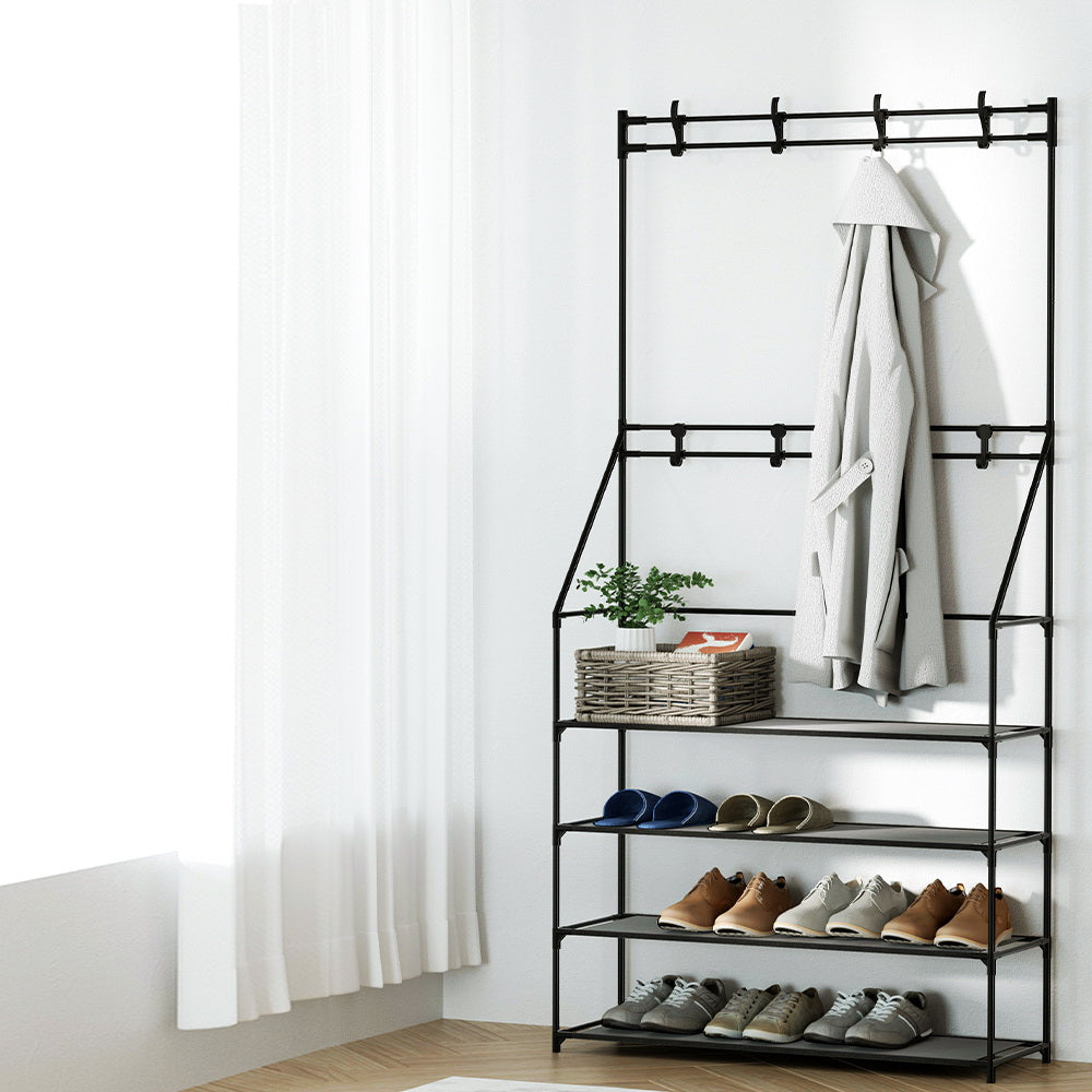 Shoe Rack Coat Hat Stand Hallway Shoes Storage Tree Metal Shelves Black